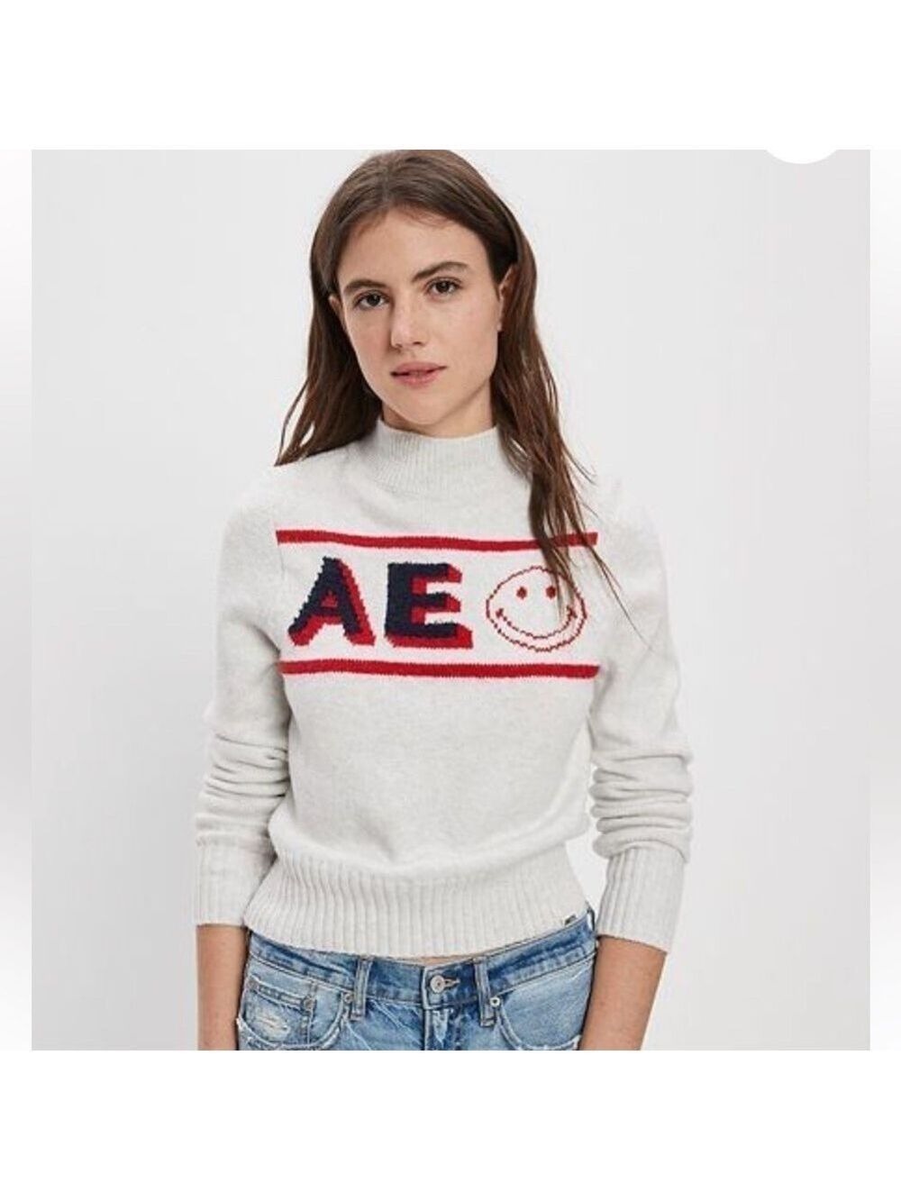 NWT American Eagle Cozy Knit Sweater With AE Smiley Logo Mock Neck Small NEW
